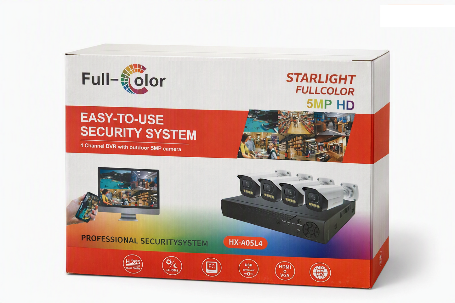 Kit 4 Camaras Seguridad 5MP Full Color DVR 4 Canales H.265 Vision Nocturna Exterior Celular