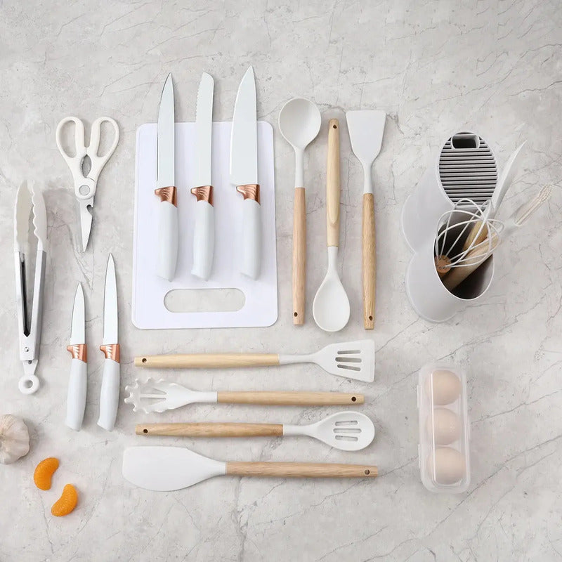Utensilios De Cocina Mango Madera Punta Silicona Set X 19
