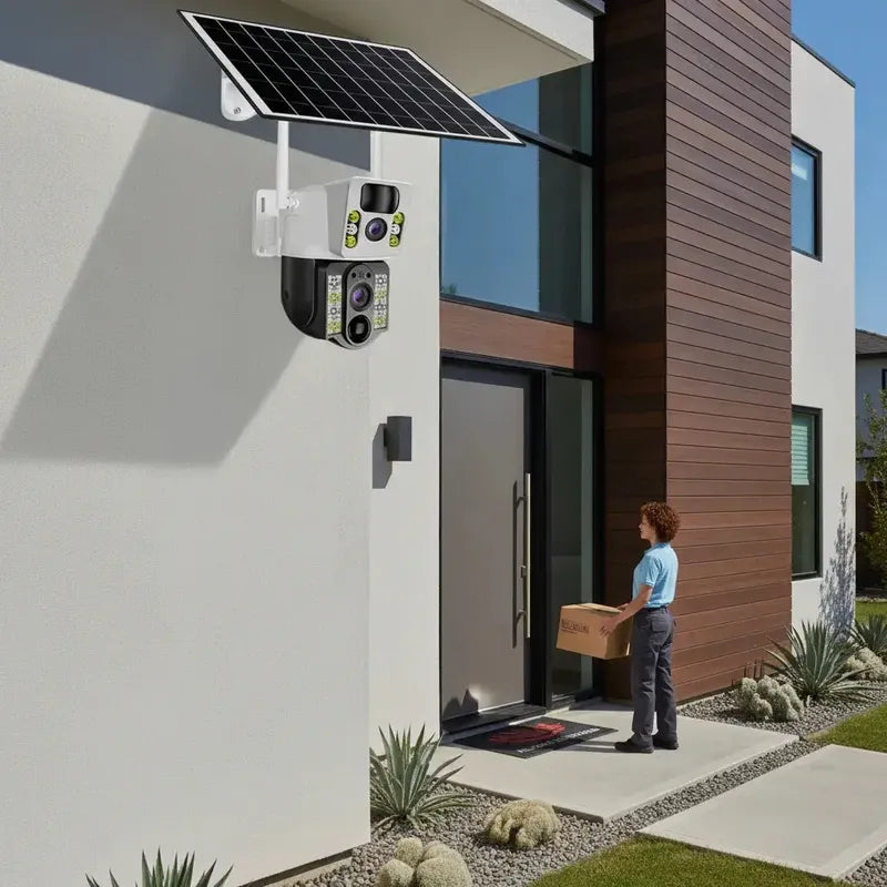 Camara De Seguridad Ptz Solar Wifi V380 Exterior Inalambrica Doble Lente Resolucion Hd Con Intercomunicador De Voz... Blanco