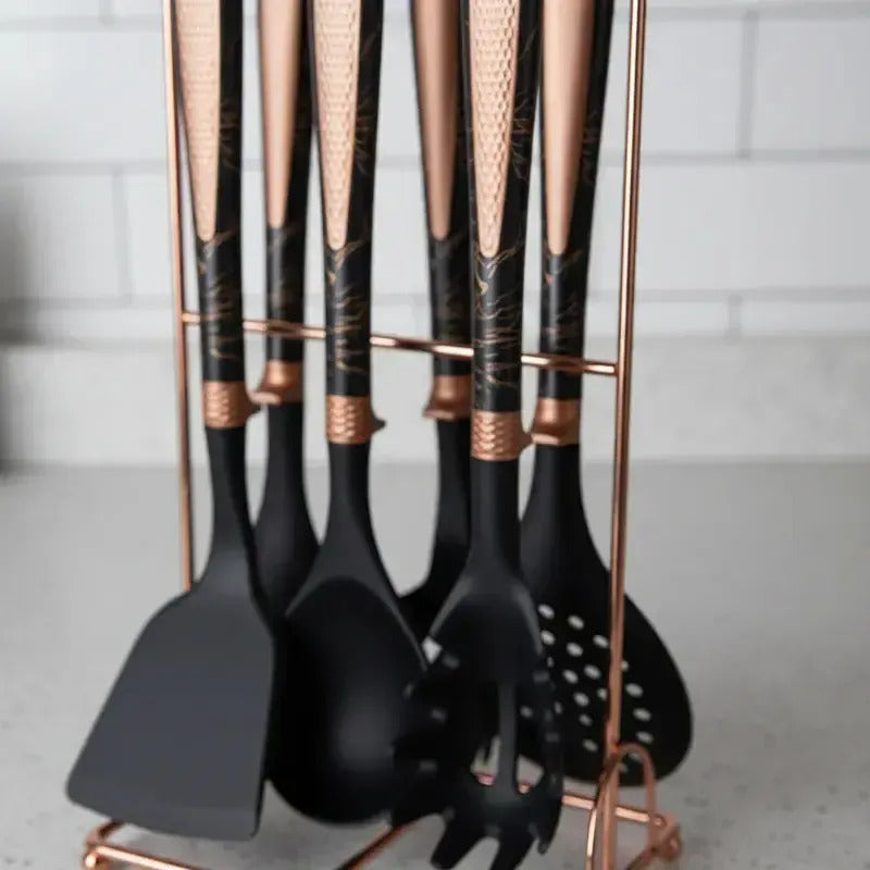 Set De Utensilios De Cocina Figoimport De Silicona Negro Marmoleado Con Soporte, 7 Piezas