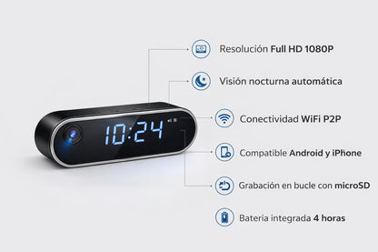 Reloj Despertador Cámara Oculta 1080 Wifi Detecta Movimiento