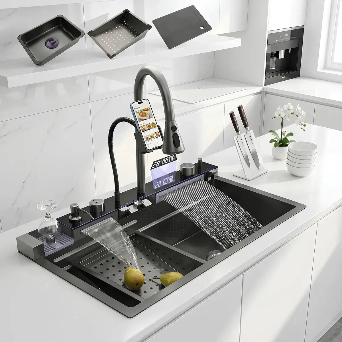 Lavaplatos Inteligente De Acero Inoxidable Con Cascada Y Grifería Monomando Para Cocina Gris Oscuro