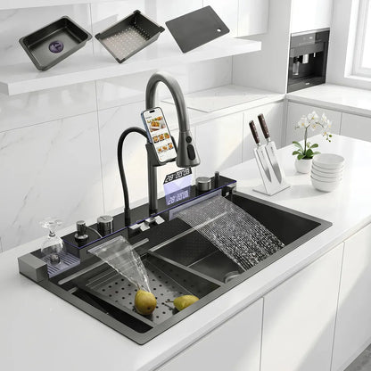 Lavaplatos Inteligente De Acero Inoxidable Con Cascada Y Grifería Monomando Para Cocina Gris Oscuro
