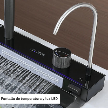 Lavaplatos Inteligente De Acero Inoxidable Con Cascada Y Grifería Monomando Para Cocina Gris Oscuro