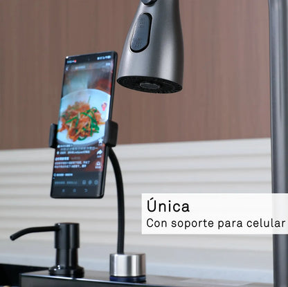 Lavaplatos Inteligente De Acero Inoxidable Con Cascada Y Grifería Monomando Para Cocina Gris Oscuro