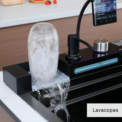 Lavaplatos Inteligente De Acero Inoxidable Con Cascada Y Grifería Monomando Para Cocina Gris Oscuro