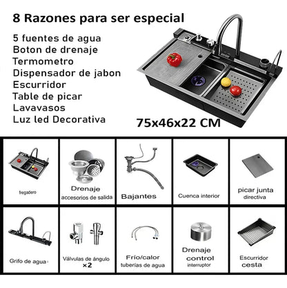 Lavaplatos Inteligente De Acero Inoxidable Con Cascada Y Grifería Monomando Para Cocina Gris Oscuro
