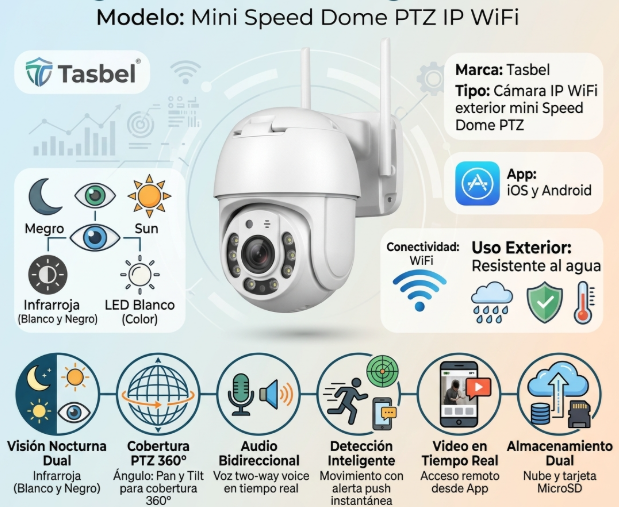 Camara Seguridad WiFi Exterior PTZ Vision Nocturna Audio Bidireccional Tasbel Inalambrica Nube MicroSD