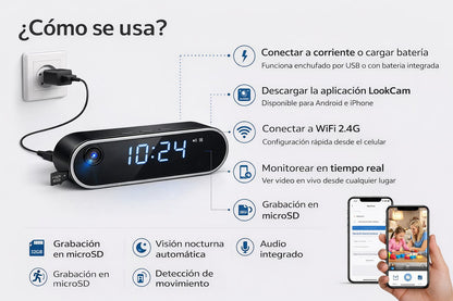 Reloj Despertador Cámara Oculta 1080 Wifi Detecta Movimiento