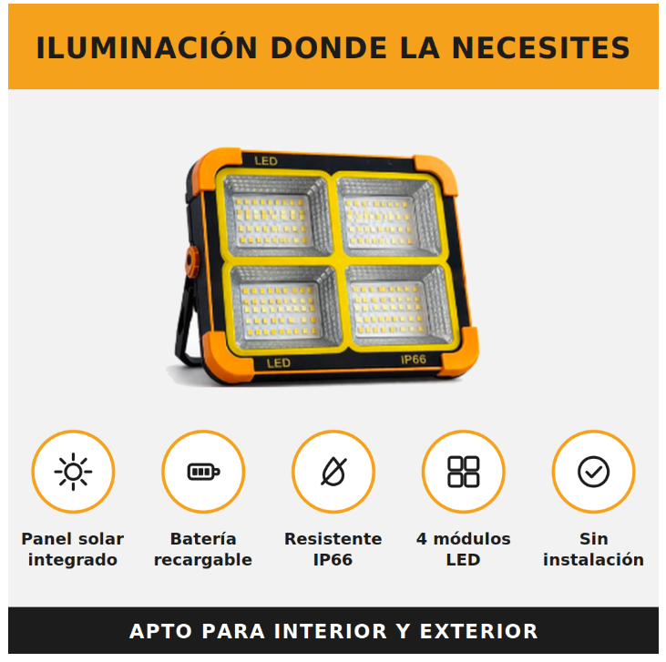 Foco Solar LED Portatil Recargable Luz de Emergencia Corte de Luz Camping Taller Exterior IP66