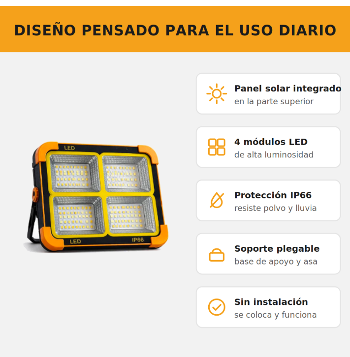 Foco Solar LED Portatil Recargable Luz de Emergencia Corte de Luz Camping Taller Exterior IP66