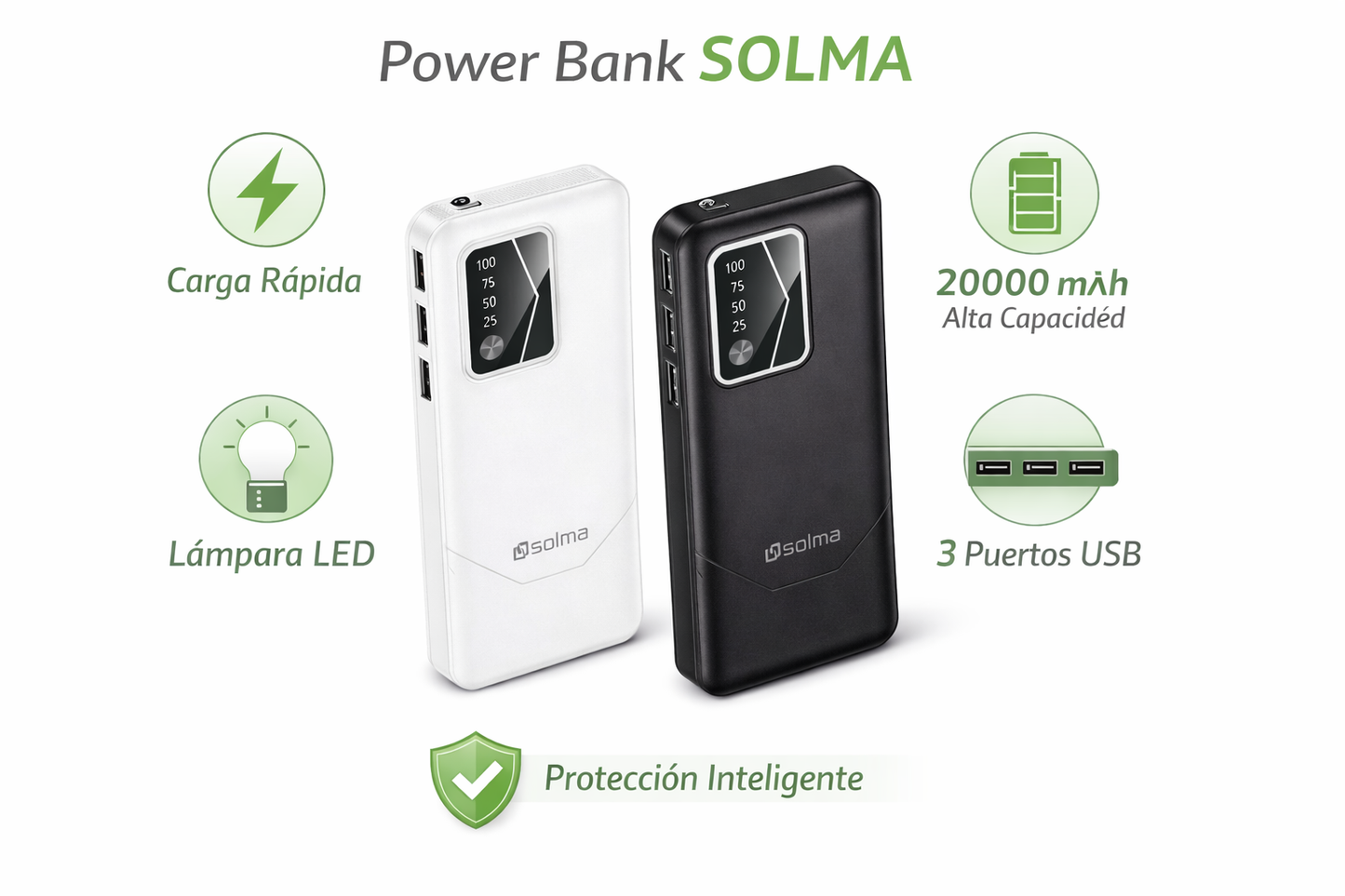 Bateria Externa 20000mah Power Bank Tres Salidas Usb Led Variado