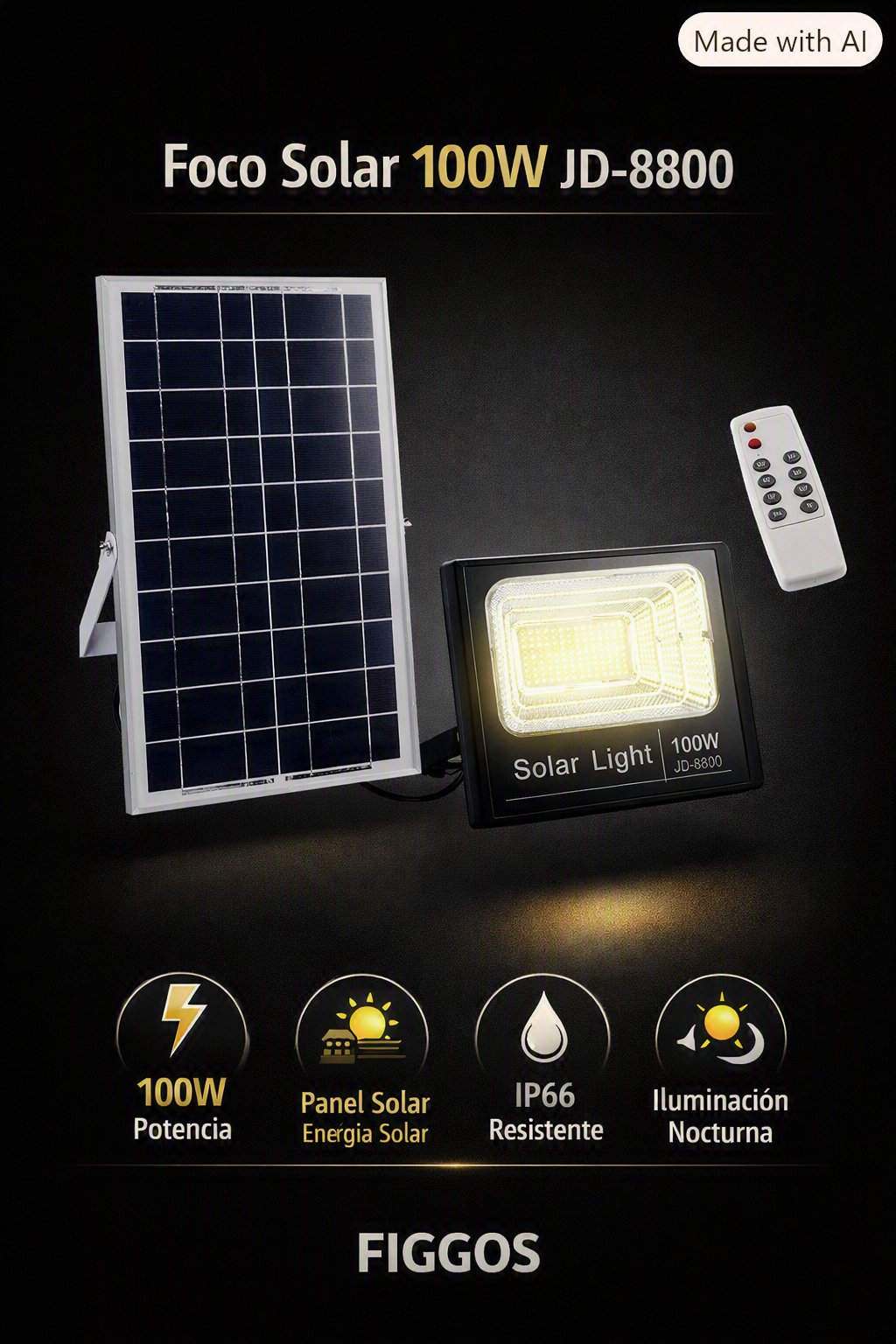 Foco LED Solar 100W Luminaria Exterior con Control Remoto y Panel Solar FIGGOS