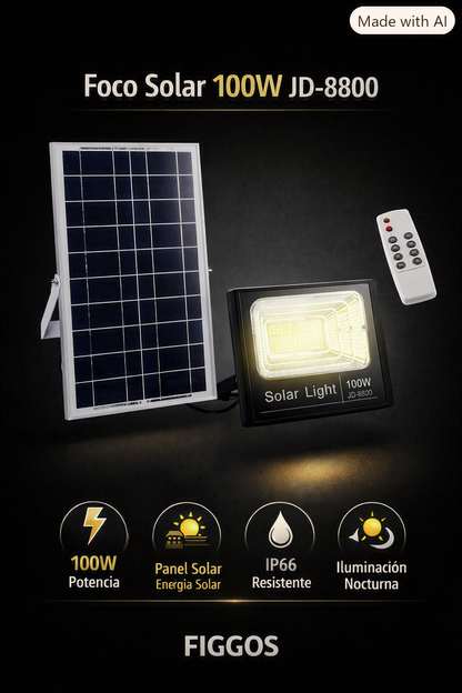 Foco LED Solar 100W Luminaria Exterior con Control Remoto y Panel Solar FIGGOS
