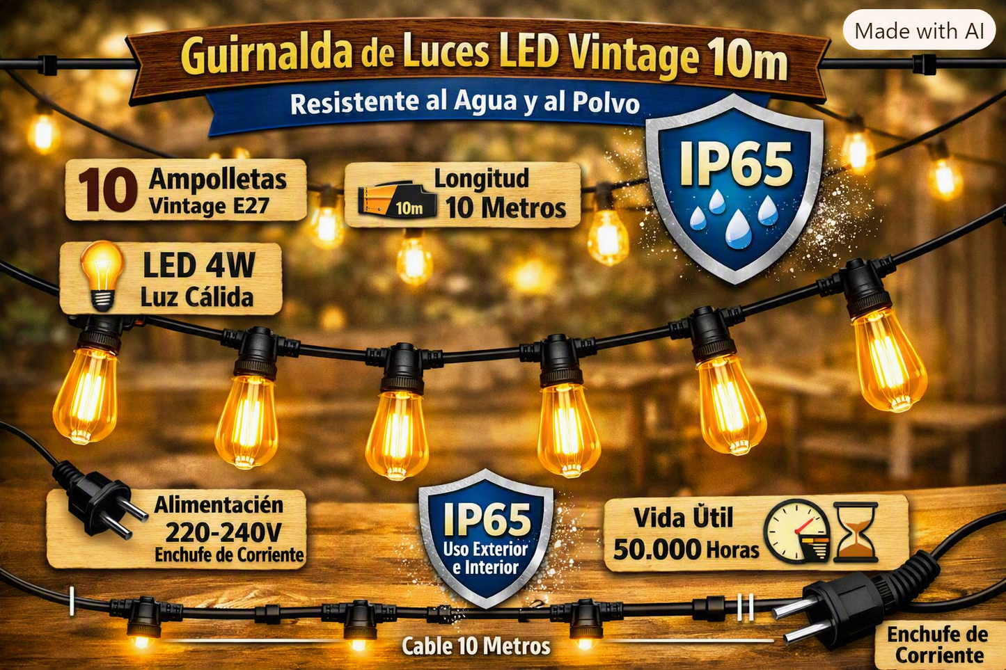 Guirnalda Luces Led Ampolletas E27 Incluidas 10m Decorativas Luces Cálida