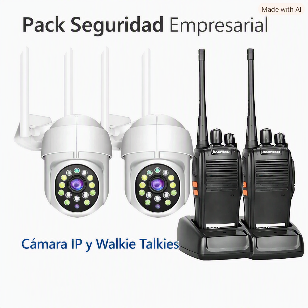 PACK SEGURIDAD EMPRESARIAL – 2 Cámara IP + 2 Radios Baofeng para Guardias