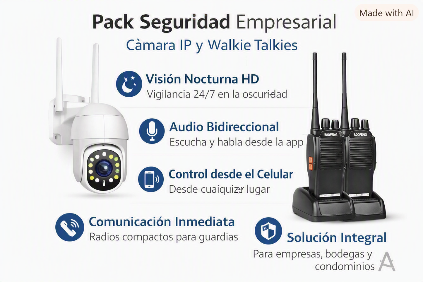 PACK SEGURIDAD EMPRESARIAL – 2 Cámara IP + 2 Radios Baofeng para Guardias