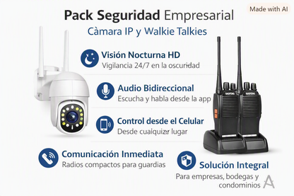 PACK SEGURIDAD EMPRESARIAL – 2 Cámara IP + 2 Radios Baofeng para Guardias