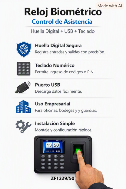 Reloj Biometrico Control de Asistencia – Huella Digital + Teclado + USB