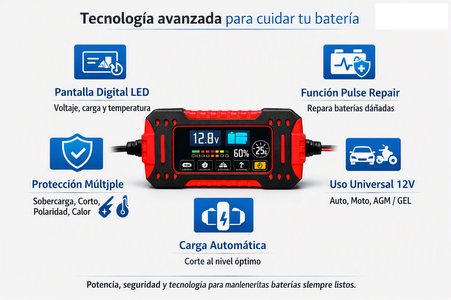 Cargador Inteligente 12V  – Auto y Moto, Pantalla Digital, Múltiple Protección