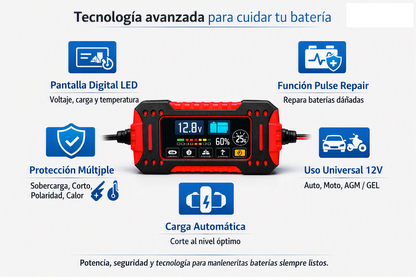 Cargador Inteligente 12V  – Auto y Moto, Pantalla Digital, Múltiple Protección