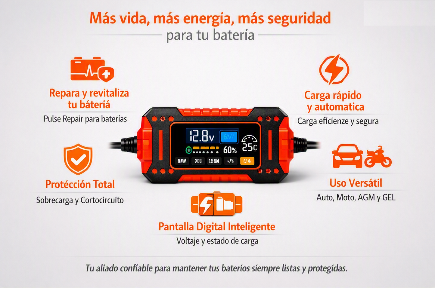 Cargador Inteligente 12V  – Auto y Moto, Pantalla Digital, Múltiple Protección