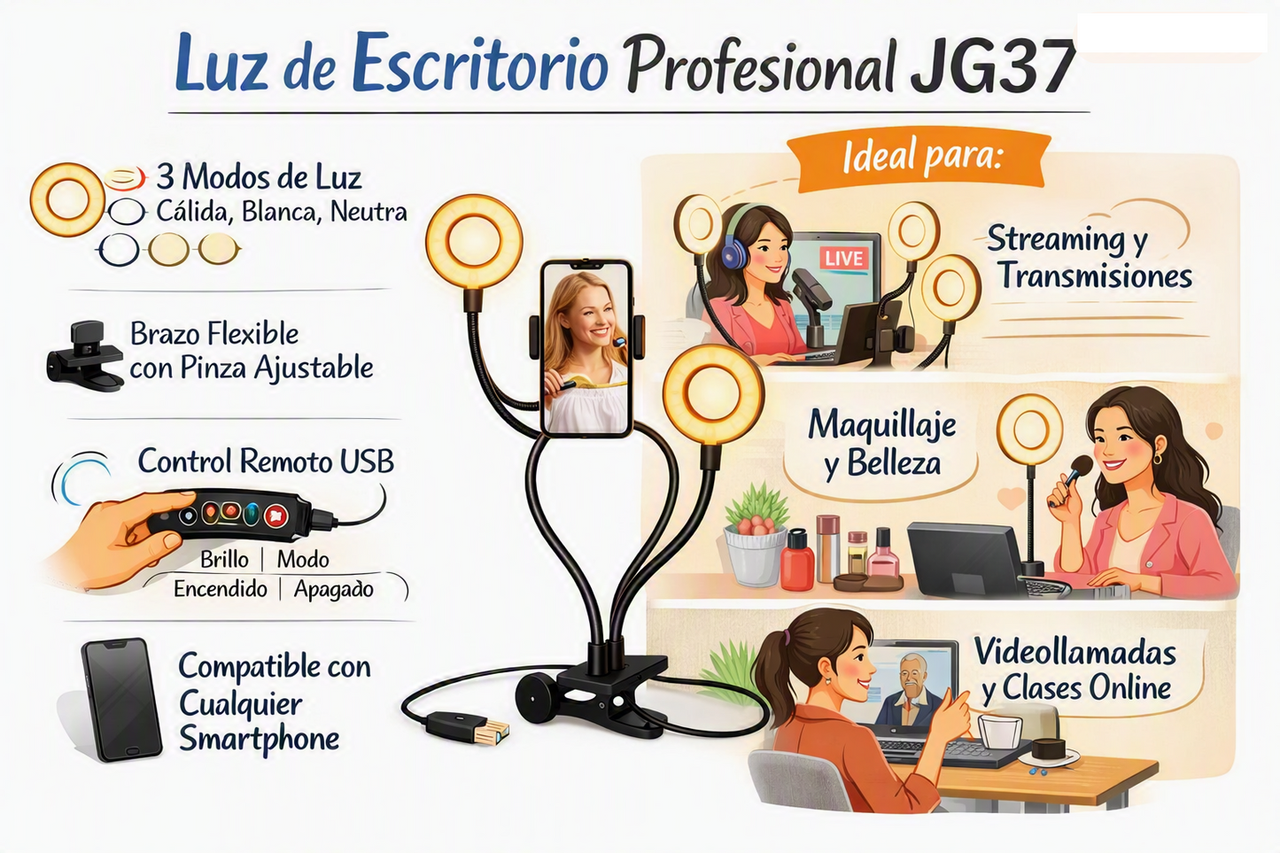 Aro de Luz LED 9 cm con Soporte de Celular Pinza Escritorio