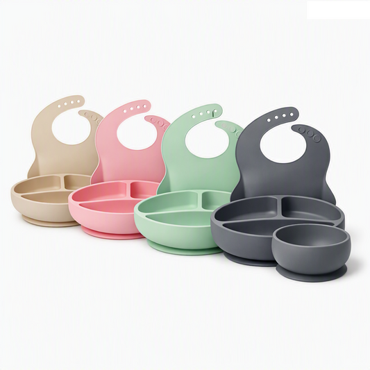 Set Vajilla Bebe Silicona Plato Dividido con Ventosa Bowl Babero Cuchara y Tenedor Destete