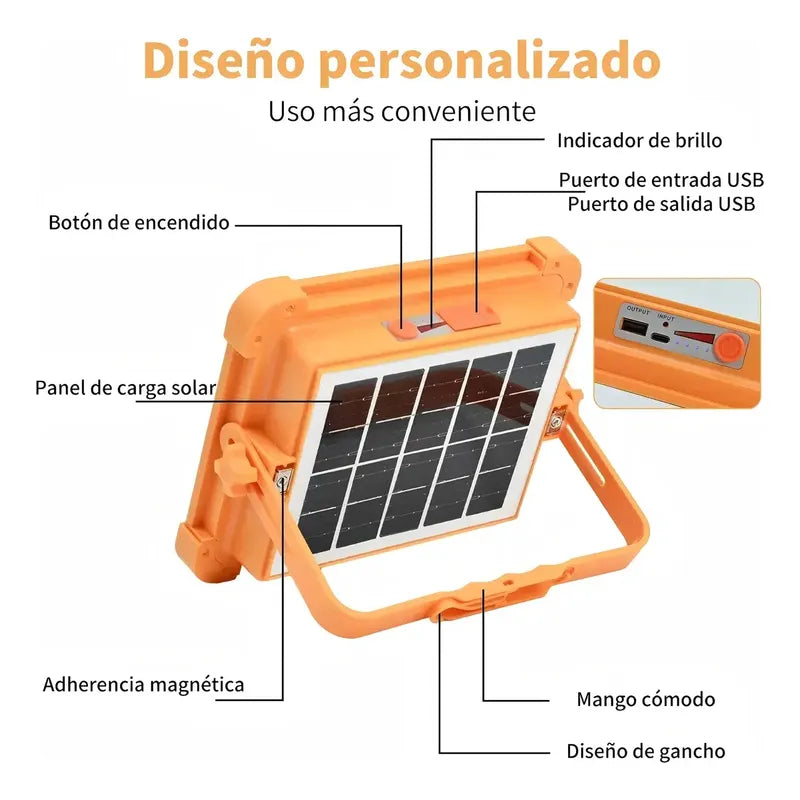 Reflector Led Solar Portátil De 1000 W Para Exteriores Con Power Bank Naranja Blanco Frío/blanco Cálido