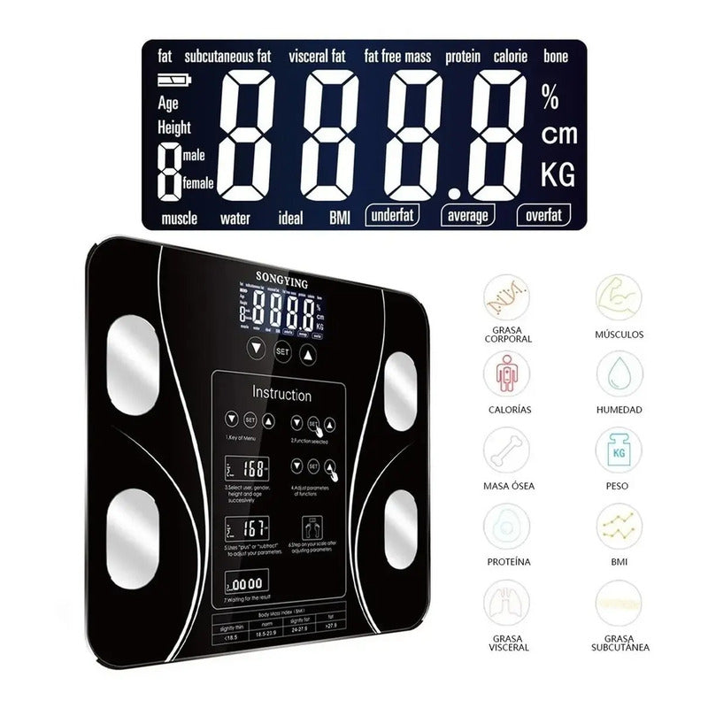 Peso Báscula Digital Balanza Bluetooth Inteligente Pesa Baño Color Negro