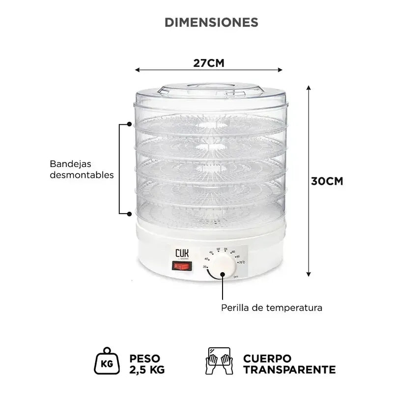 Deshidratador De Alimentos Con 5 Bandejas Y Termostato, Para Frutas Y Verduras Blanco