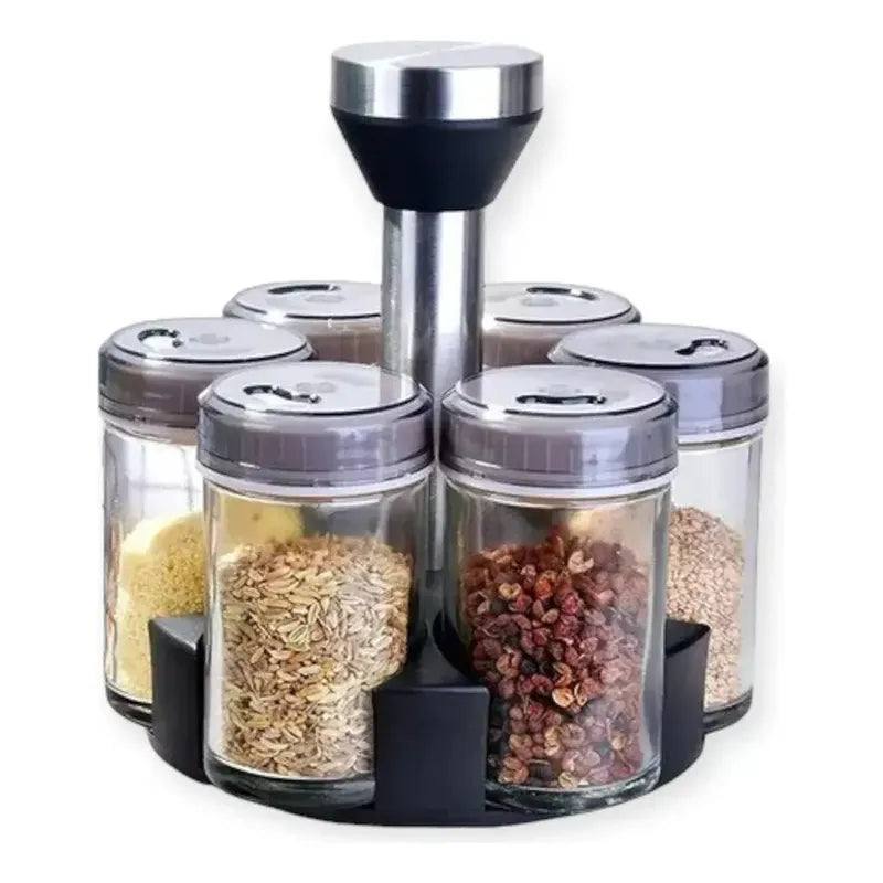 Set Condimentero Vidrio Giratorio Cocina Especiero Premium Plateado