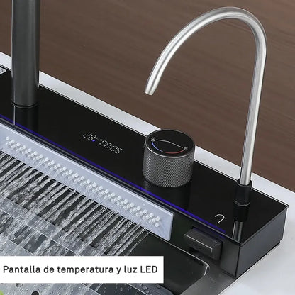 Lavaplatos Gris Grafito Cascada Con Grifo Led Y Accesorios Gris Oscuro