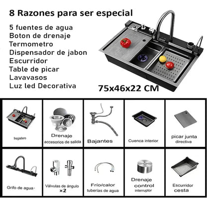 Lavaplatos Gris Grafito Cascada Con Grifo Led Y Accesorios Gris Oscuro