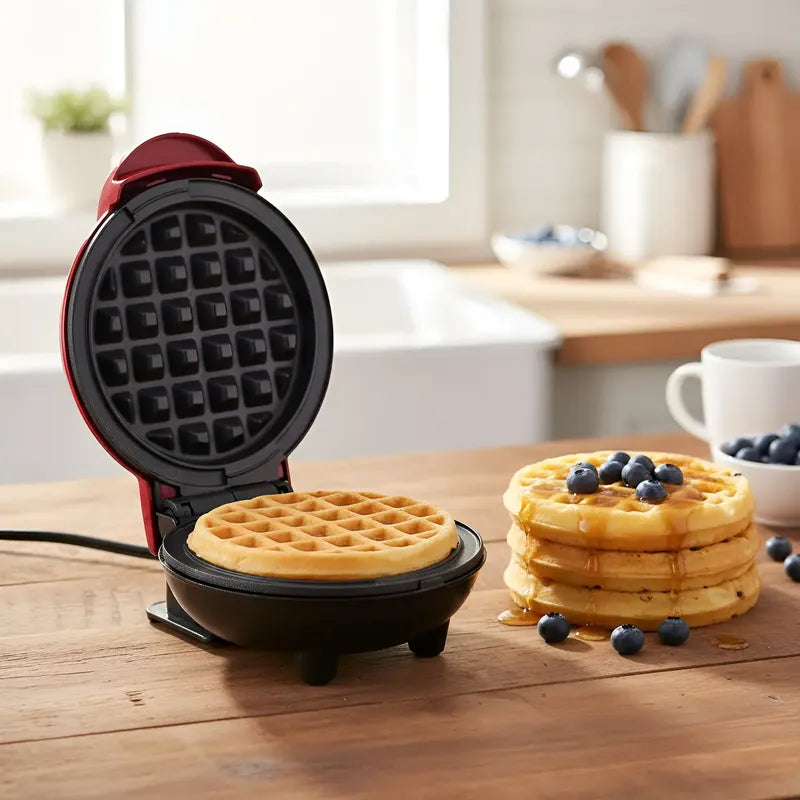 Waflera Mini Eléctrica Redonda Antiadherente Para Wafles Rojo