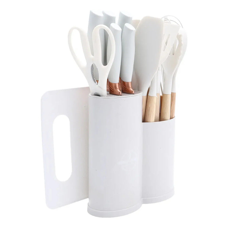 Utensilios De Cocina Mango Madera Punta Silicona Set X 19