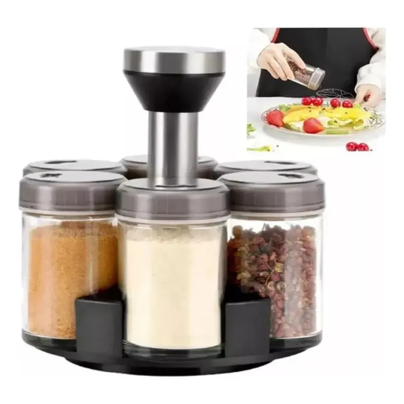 Set Condimentero Vidrio Giratorio Cocina Especiero Premium Plateado