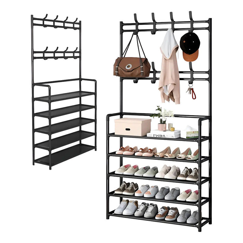 Zapatero De 5 Niveles Perchero Acero Metálico Organizador 2 En 1 Zapatera Armable Con 8 Ganchos Almacenamiento Para Tenis Figo Import Negro