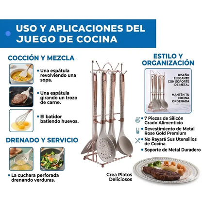 Utensilios Set  Silicona 7 Piezas Negro Marmol Y Rose Gold Negro