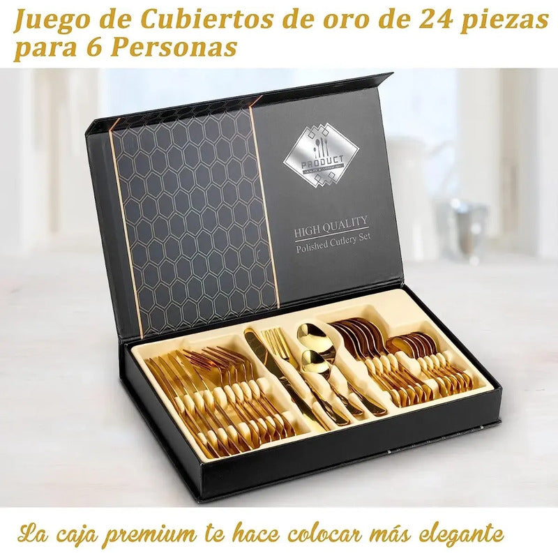 Cubiertos Servicios Set De 24epcs Acero Inoxidables Oro Dorado