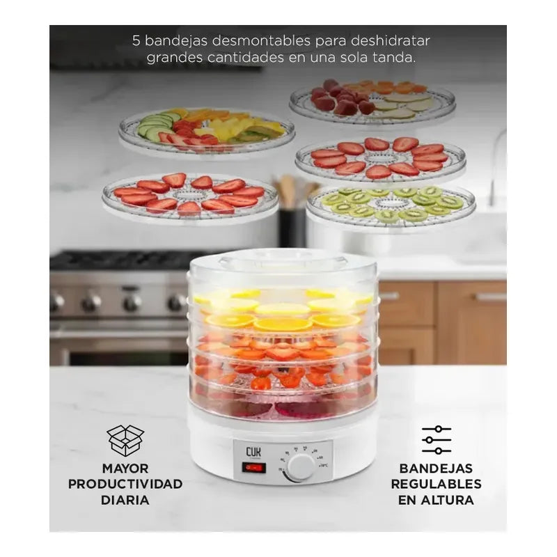Deshidratador De Alimentos Con 5 Bandejas Y Termostato, Para Frutas Y Verduras Blanco