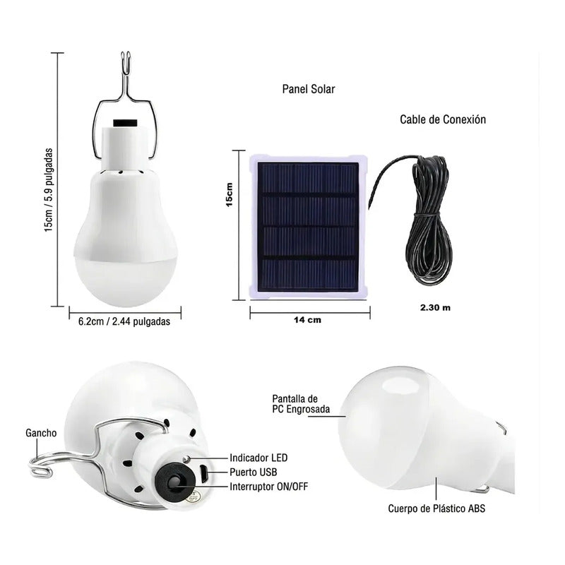 Ampolleta  Pack X2 Led 5w Solar Con Panel 7 Horas De Luz Blanco Frío