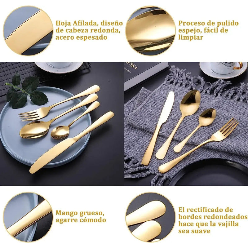 Cubiertos Servicios Set De 24epcs Acero Inoxidables Oro Dorado