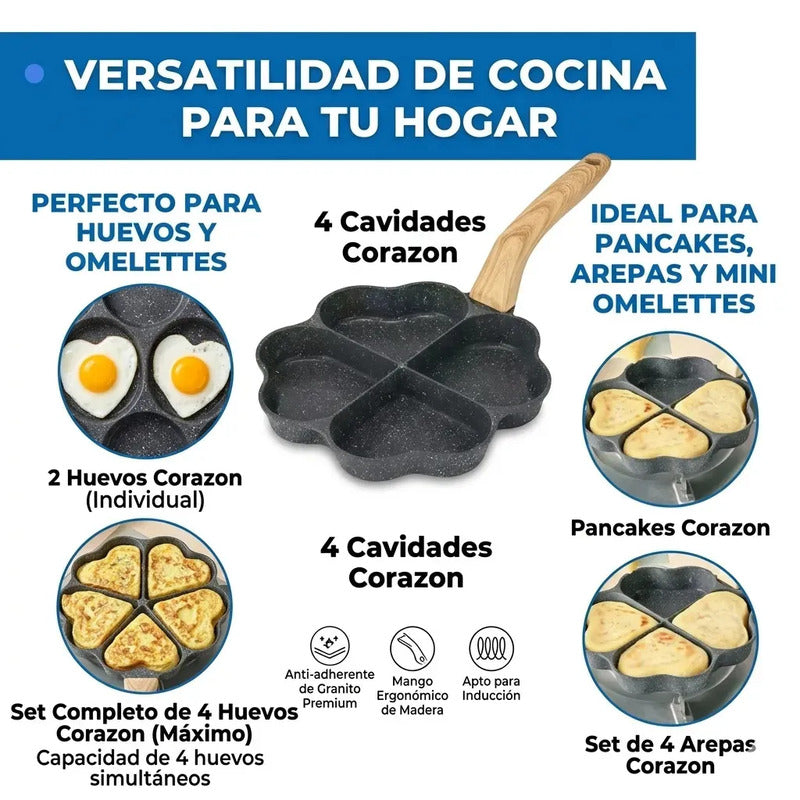 Sarten Corazon 4 Cavidades Antiadherente Huevos Y Arepas Negro