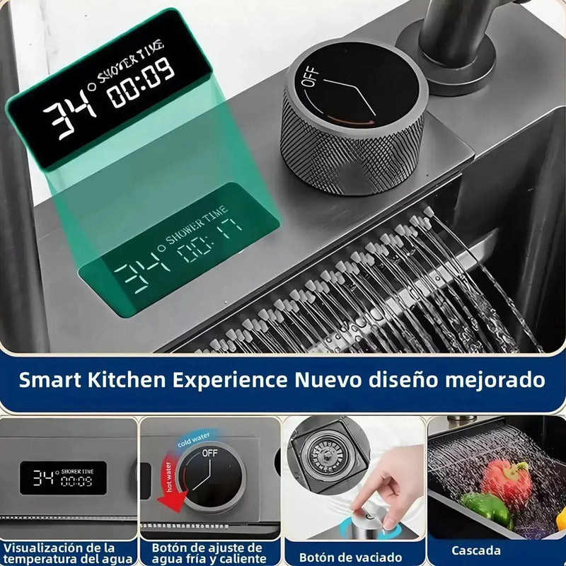 Lavaplatos Inteligente Con Cascada Multifuncional Porta Celular Acero Negro Gris Fregadero Poza Lavadero Griferia... Gris Oscuro