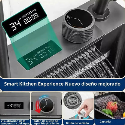 Lavaplatos Inteligente Con Cascada Multifuncional Porta Celular Acero Negro Gris Fregadero Poza Lavadero Griferia... Gris Oscuro