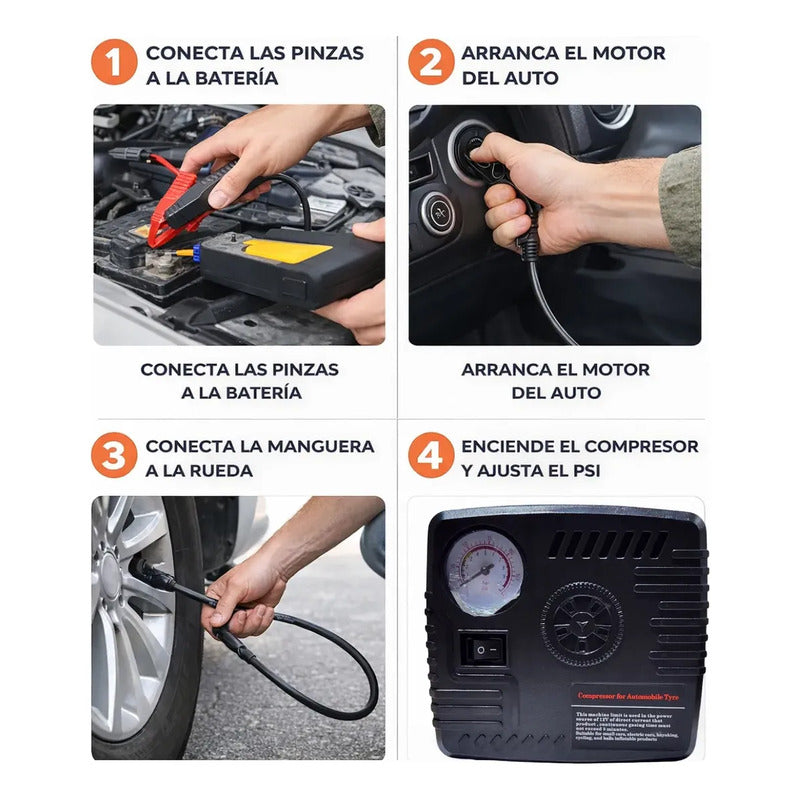Partidor Cargador Powerbank Bateria Auto + Inflador De Rueda