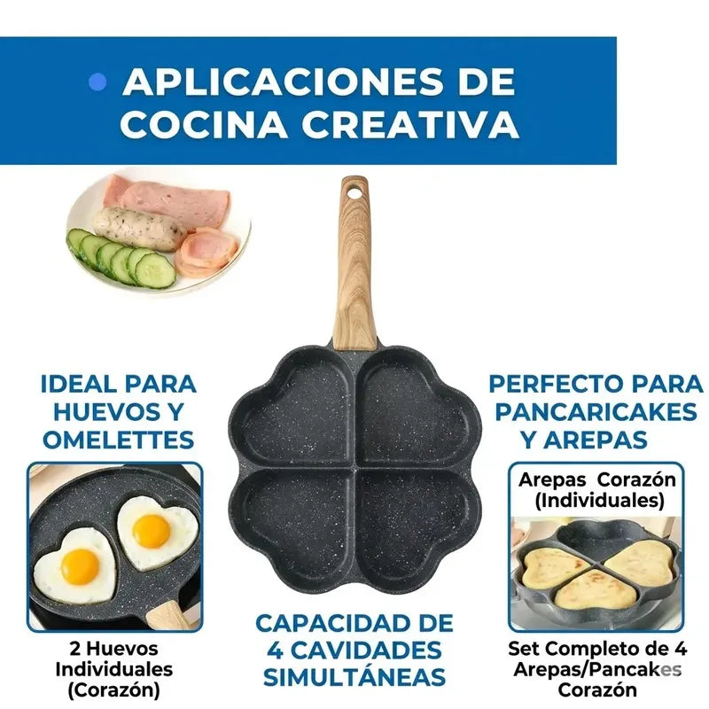 Sarten Corazon 4 Cavidades Antiadherente Huevos Y Arepas Negro