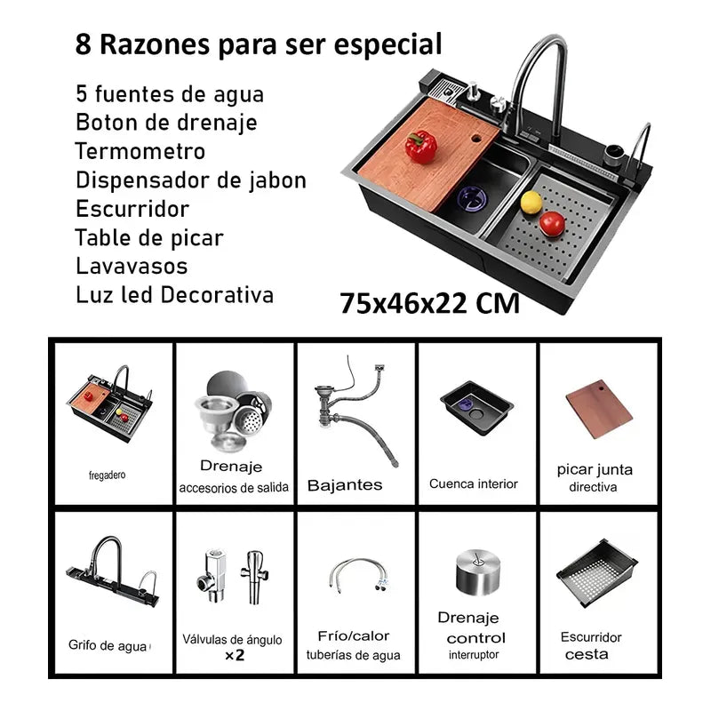 Lavaplatos Inteligente Con Cascada Multifuncional Porta Celular Acero Negro Gris Fregadero Poza Lavadero Griferia... Gris Oscuro
