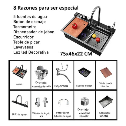 Lavaplatos Inteligente Con Cascada Multifuncional Porta Celular Acero Negro Gris Fregadero Poza Lavadero Griferia... Gris Oscuro